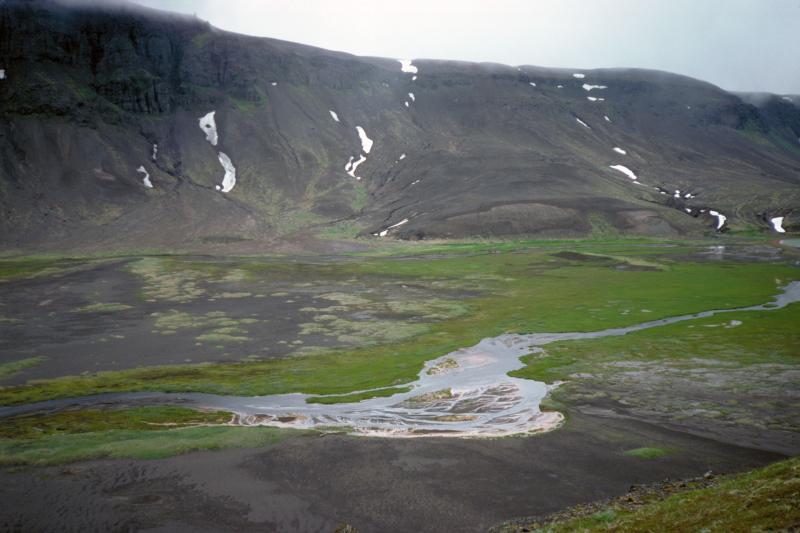 Headwaters of drainage into Surprise Lake, seeping from Half Cone pfyroclastic flows, Aniakchak caldera