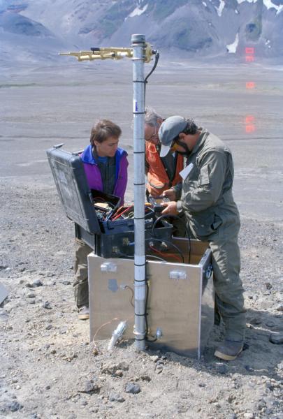 AVO staff installing Aniakchak seismic station (Surprise Lake).