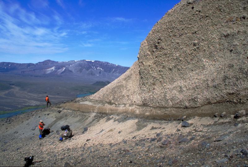 Geologists examining plinian airfall deposit from Aniakchak caldera-producing eruption. Location is immediately beneath rim near seismic station (northeast rim). 