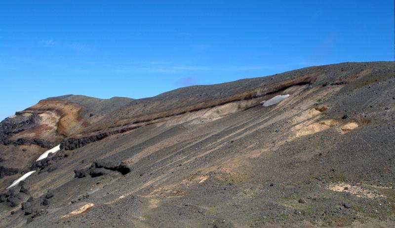 Plinian airfall deposit from Aniakchak caldera-producing eruption. Location is immediately beneath rim near seismic station.