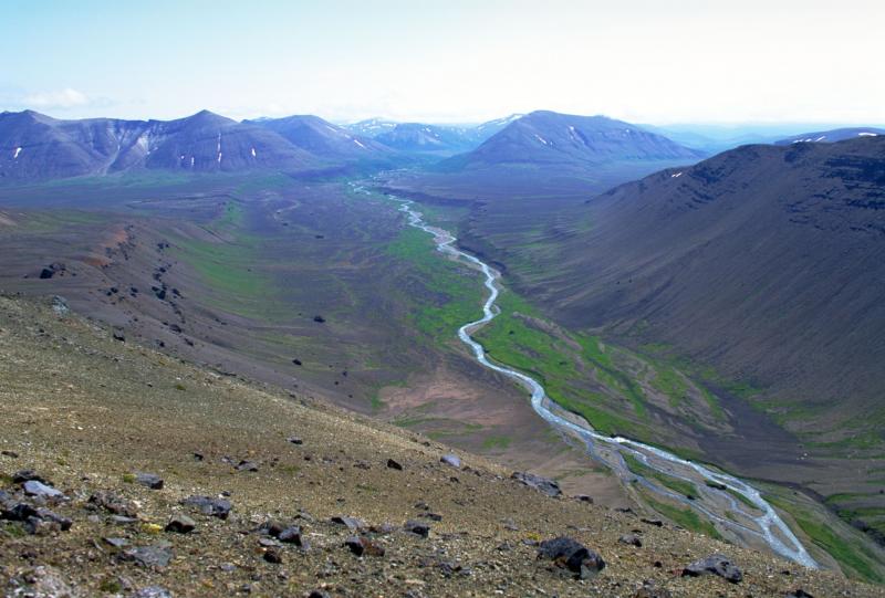 Aniakchak River valley as viewed from north side of The Gates.