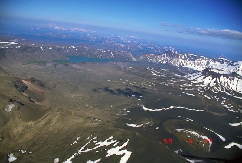 Aerial view from W of Aniakchak caldera. 1931 cone in foreground, The Gates in distance. 
