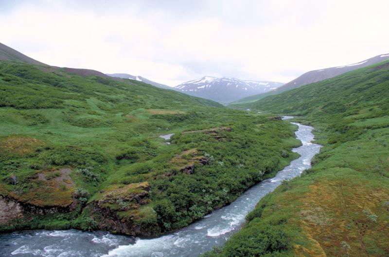 View south down Aniakchak River of channel scabland created during catastrophic outbreak flood of Aniakchak caldera.