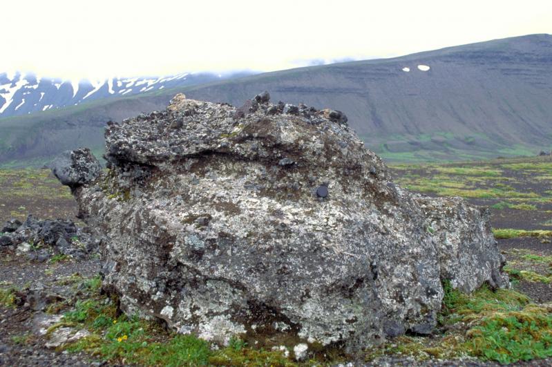 Fluvially scoured block along edge of high, north terrace of Aniakchak River. Scouring occurred during catastrophic outburst flood from Aniachak caldera. 