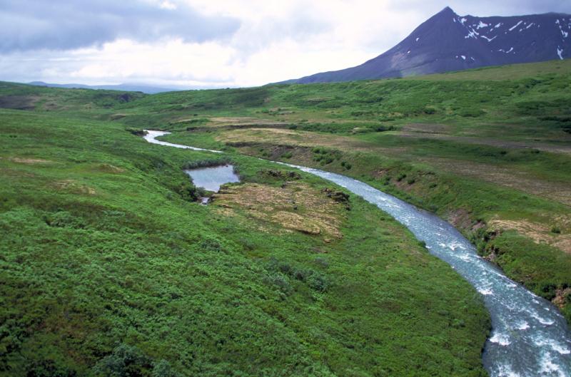 View up Aniakchak River near Hidden Creek. Note abandoned flood channel and channel scabland from catastrophic outburst flood from Aniakchak caldera. 