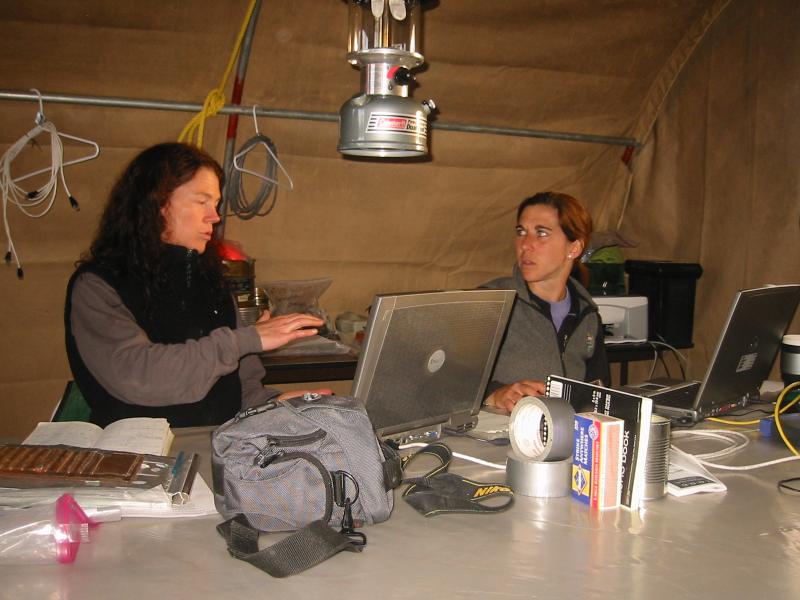 AVO geologists Kate Bull and Kristi Wallace enter data into our field database.