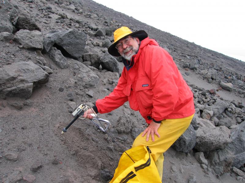 Jim Beget measures the magnetic susceptibility of a 2006 pyroclastic flow deposit from Augustine.