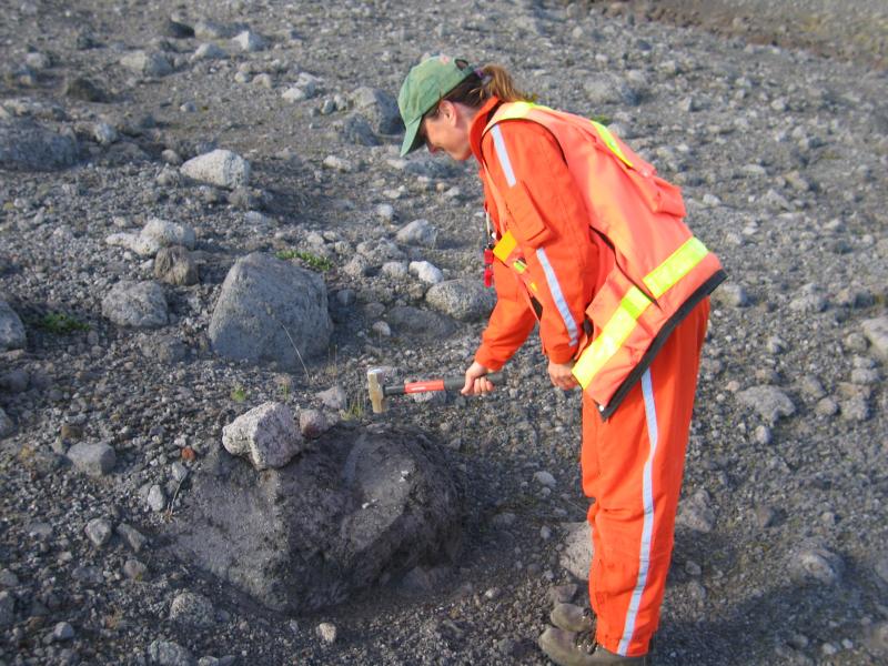 Jess Larsen sampling a block from a 1986 pyroclastic flow.