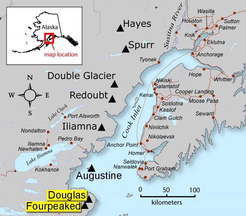 Location map of Fourpeaked and Douglas volcanoes.