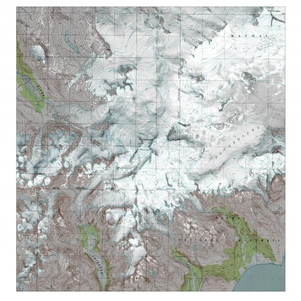 USGS topo over Landsat band 8, 15 m resolution. 1:24000 if printed at 36" x 36". Centered over Fourpeaked.