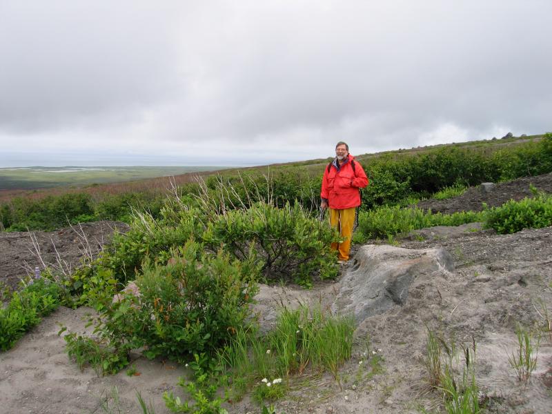 Jim Beget next to alders, partially stripped by flow from 2006 eruption. 
