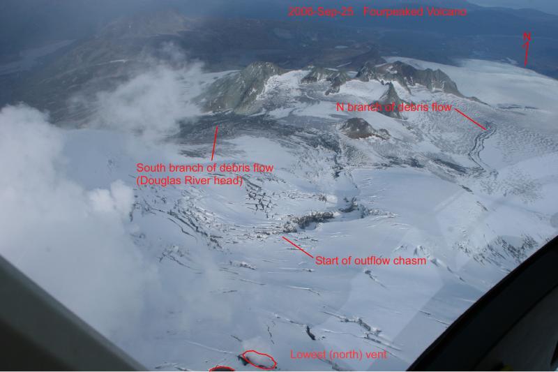 Annotated image of features on Fourpeaked volcano taken from a helicopter over the summit region looking northwestward. 