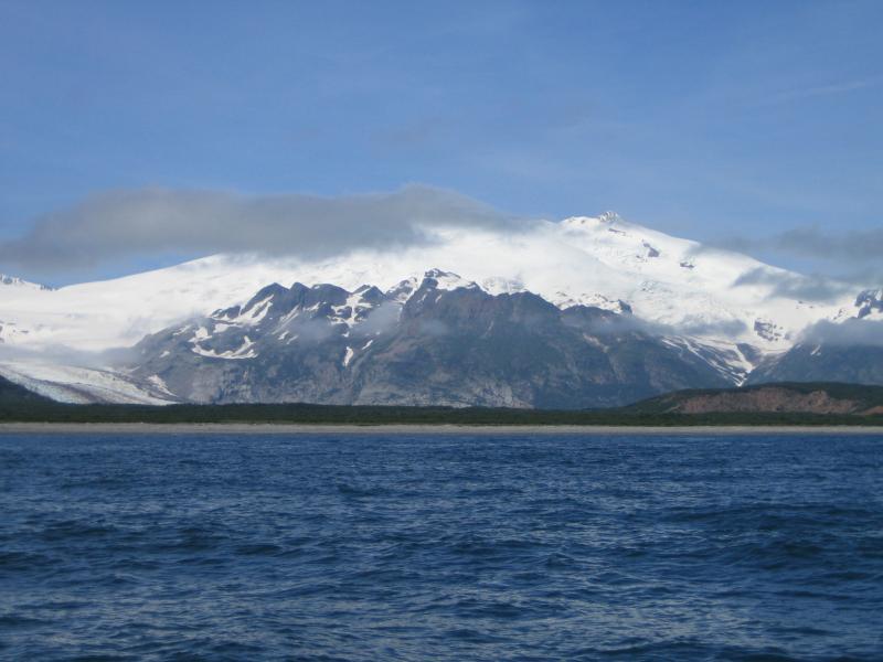 Douglas Volcano - taken from ship offshore of Cape Douglas in Katmai National Park, Alaska Paninsula. A small part of the Fourpeaked Glacier is visible to the south (left on image).