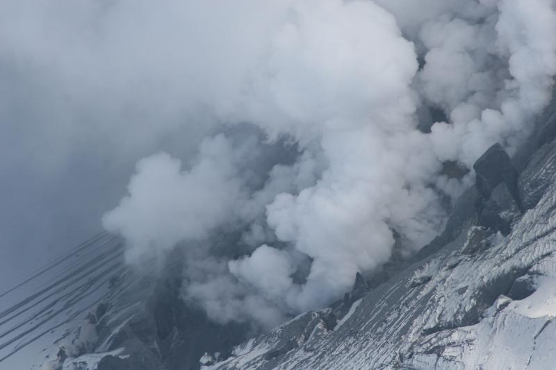 Close-up view of one of the summit craters on the north facing edifice of Fourpeaked volcano.  