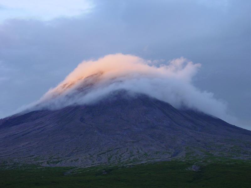 Augustine Field work, August, 2006. Summit clouds+plume in sunset, from camp.