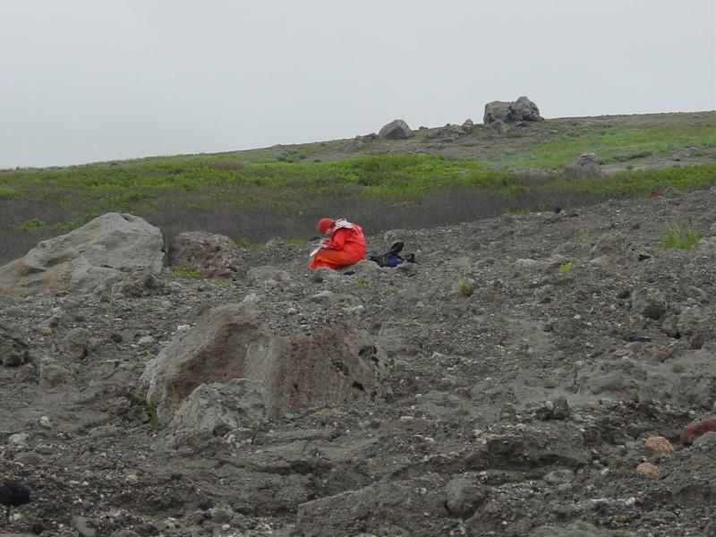 Augustine Field work, August, 2006. Dr. Michelle Coombs (AVO-USGS) mapping on mixed avalanche debris, Augustine Creek.