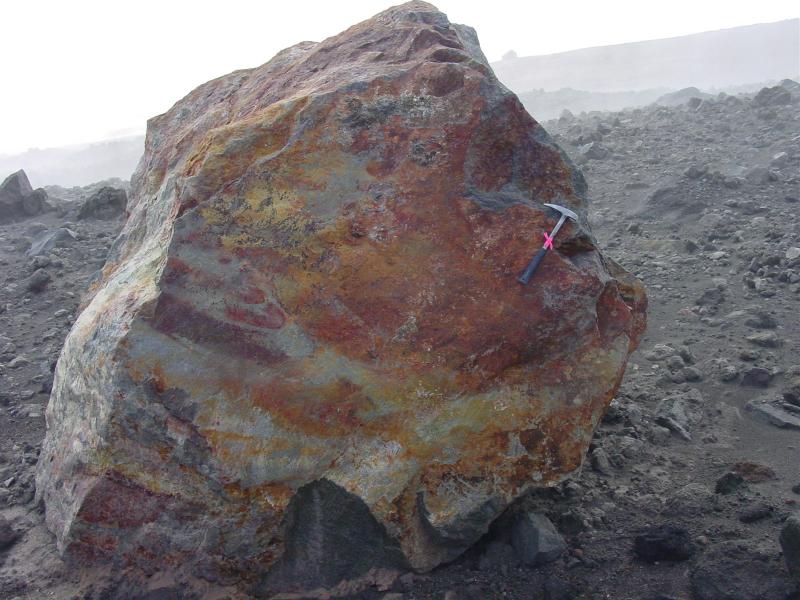 Augustine Field work, August, 2006. Block from the hydrothermally altered vent area. Block was in block-and-ash flow (Aba), east chute area. 
