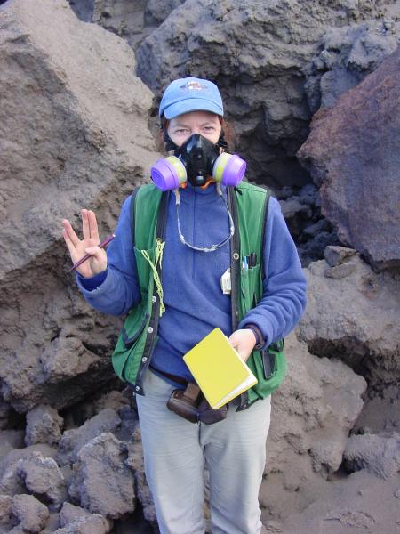 Augustine Field work, August, 2006. Vulcan AVO geologist (Kate Bull, AVO-DGGS) next to late January dome.