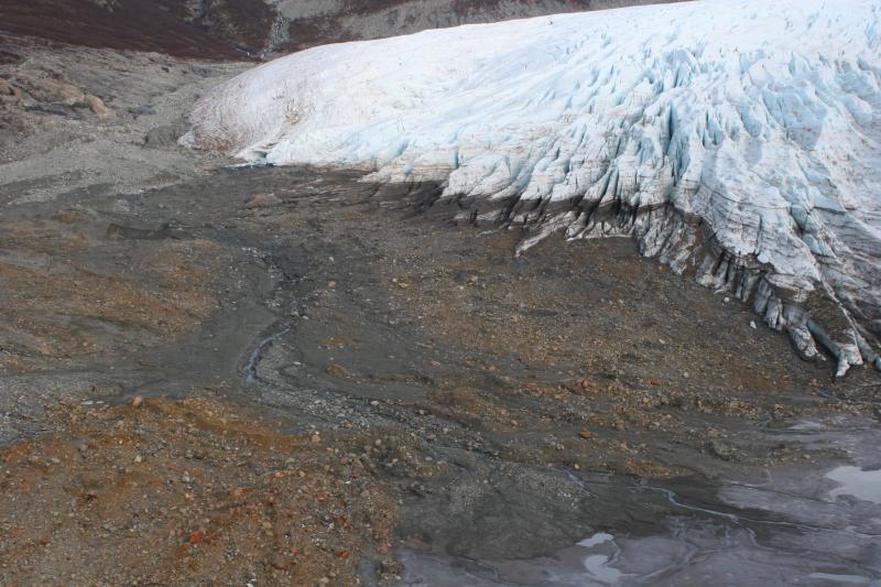 Fourpeaked area field work, 14-15 October, 2006. Slurry/debris flow (darkest gray) visible to have outflow from toe of glacier at head of Douglas River, northwest of Fourpeaked.