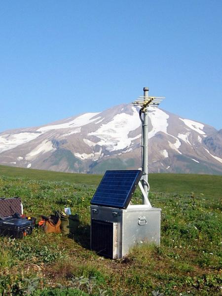 Seismic station GSMY w/ Great Sitkin in the background.