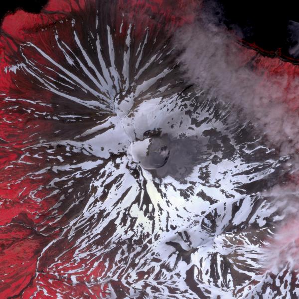 Satellite image showing ash deposits on the upper east flank of Korovin Volcano in 2004. Intermittent, minor phreatic eruptions through a hot, roiling lake in the south summit crater of Korovin are the probable source. July 4, 2004, Ikonos near-
infrared color composite, Copyright Space Imaging LLC. 