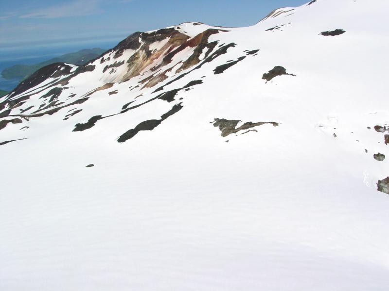 Cluster of small thermal areas [far right side of photograph] on the high slopes south of Kluichef summit.  See image 12442 for location.