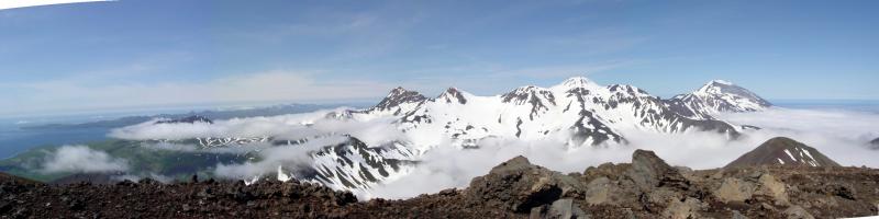 Panorama of North Atka Island.  Korovin volcano on far right; Kluichef in center.  View is from the summit of Sarichef volcano.