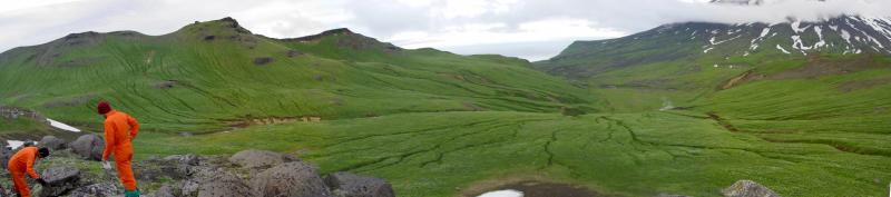 Panorama of west flank of Korovin volcano. Steam rising in middle ground is from Old Steamy thermal area.  This photo taken almost due west of Red Pool thermal area. View to the northeast. 