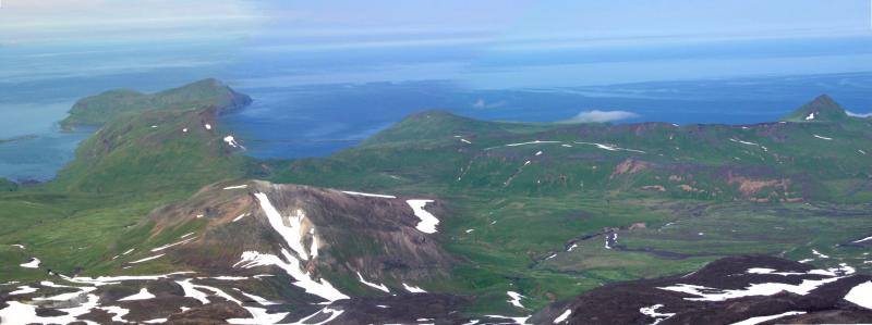Panorama of lower west-southwest flank of Kluichef volcano. Steam rising in lower left corner of frame is from Snow Bank thermal area.   