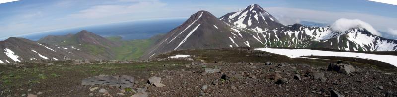 Panorama of Sarichef volcano.  Sarichef is the volcano furthest in view.