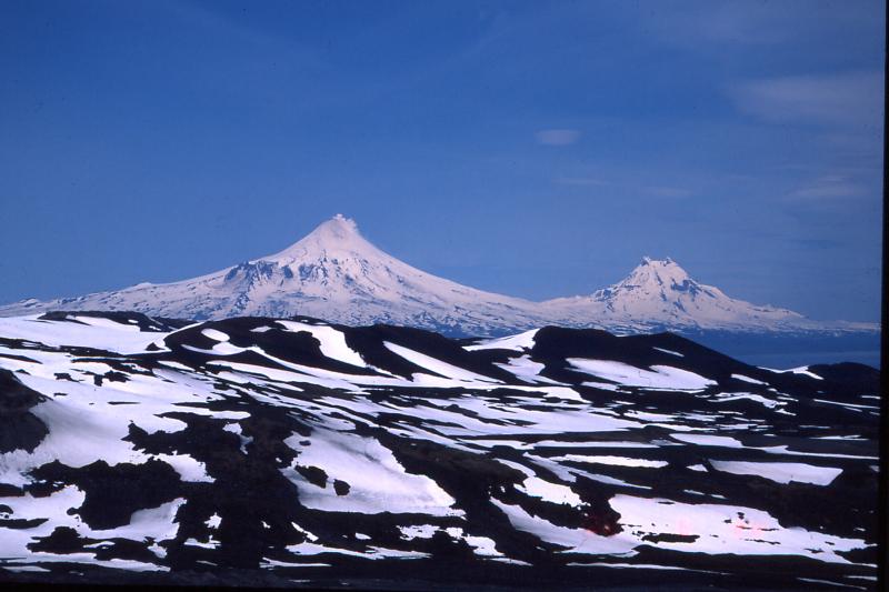Shishaldin (left) and Isanotski (right) volcanoes on Unimak Island.  View is from the southwest.