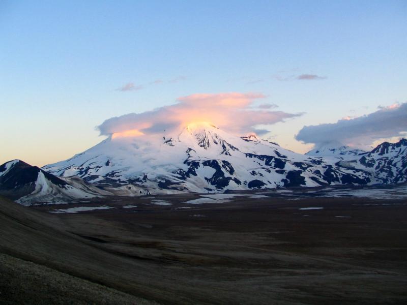Mount Mageik volcano viewed from Baked Mountain at sunset.