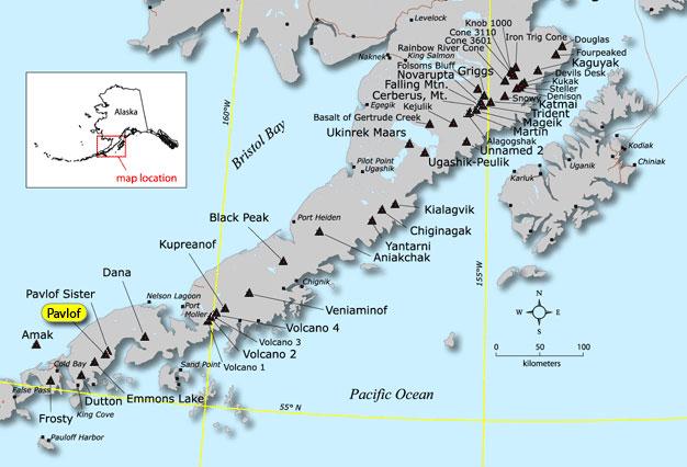 Index map showing location of Pavlof volcano and other Alaska Peninsula volcanoes. Pavlof is about 600 miles southwest of Anchorage.