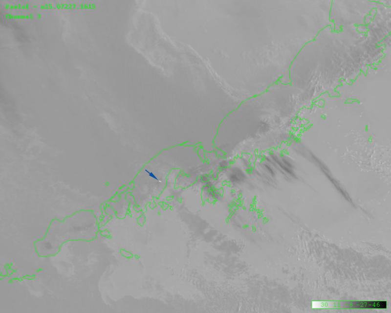 NOAA AVHRR satellite image showing a strong thermal anomaly observed at the summit of Pavlof Volcano this morning at 08:15 AM AKDT (1615UTC).  In this image, white colors represent hot temperatures.  Similar thermal anomalies were observed in three earlier satellite image These data are routinely provided within minutes of acquisition to the Alaska Volcano Observatory by both the UAF-GINA project and the National Weather Service - Gilmore Creek station.