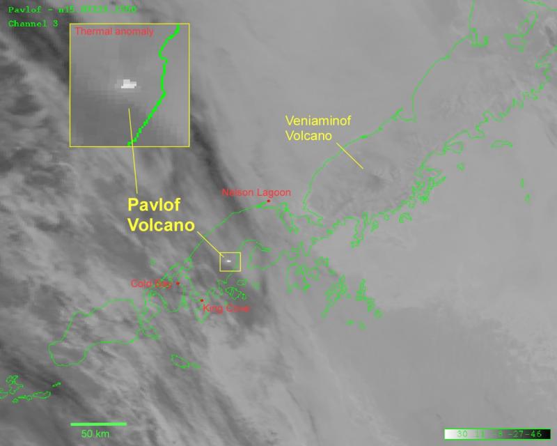 NOAA AVHRR satellite image showing a strong thermal anomaly observed at the summit of Pavlof Volcano taken August 16, 2007 at 07:50 AM AKDT (1550 UTC). In this image, white colors represent hot temperatures. These data are routinely provided within minutes of acquisition to the Alaska Volcano Observatory by both the UAF-GINA project and the National Weather Service - Gilmore Creek station.
