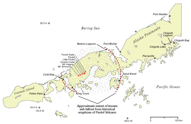 Map showing extent of tephra fallout from historical eruptions of Pavlof Volcano