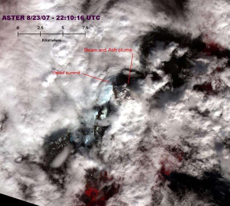 This is an ASTER satellite image that shows Pavlof Volcano with a small steam and ash plume emitting from the crater on the southeast side of the summit. The plume in this image was about 4000m (13120ft) base on temperature.  The image was available to AVO within two hours of acquisition.  The image has a resolution of 15 meters per image pixel.