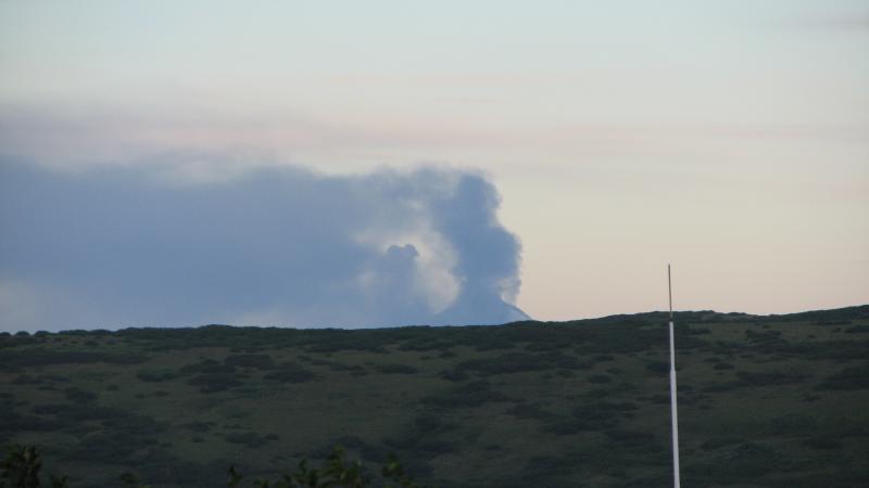 Photo of steam and ash plume at Pavlof, taken by Cherilyn Lundgren (Aleutians East Borough, Sand Point, Alaska.) on the morning of August 29, 2007.
