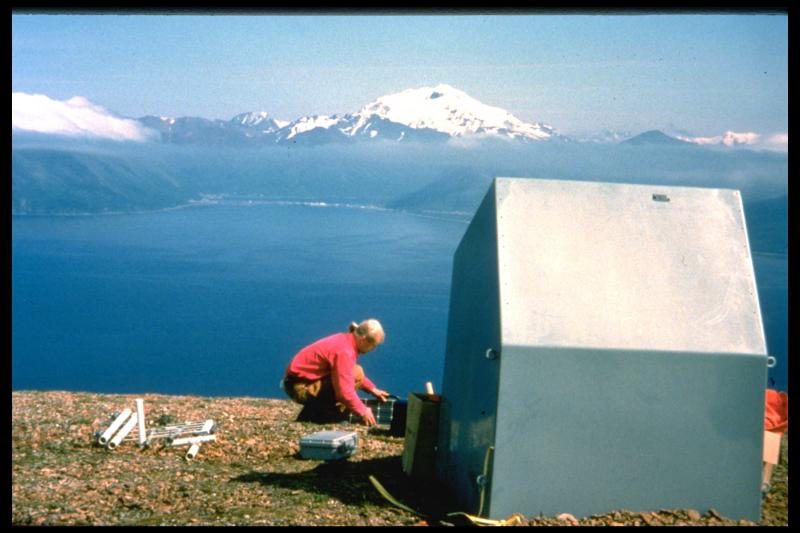 Guy Tytgat at station DRR2.  The volcano in the background is Dutton. 
