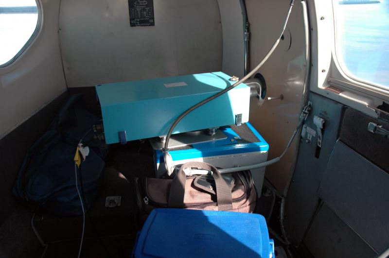 Correlation Spectrometer (COSPEC) instrument used to measure sulfur dioxide content of volcanic gas plumes.  This view is of the COSPEC mounted in the rear of a fixed-wing aircraft.