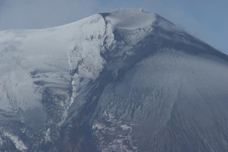 Pavlof summit showing 2007 crater and upper part of spatter-fed lava flow. View is to the north.