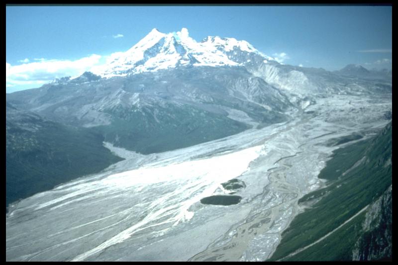 Redoubt Volcano.  The Upper Drift River Valley is in the foreground.  