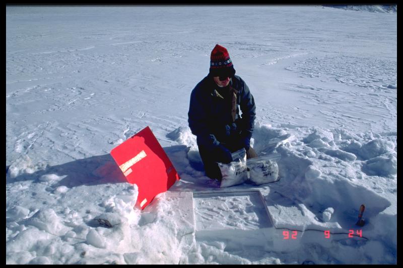 Terrry Keith collecting ash in the Talkeetna Mountains.  The ash is from the Sept. 17, 1992 eruption of Crater Peak.  