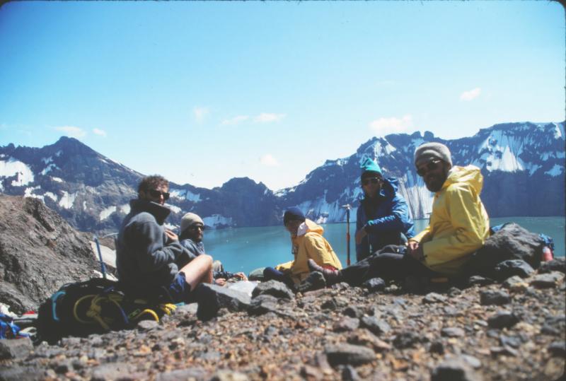 Geologists on the west rim of Katmai Caldera.
L-R, Jack Kleinman, John Paskievitch, Susan Walker, Game McGimsey, and John Eichelberger.