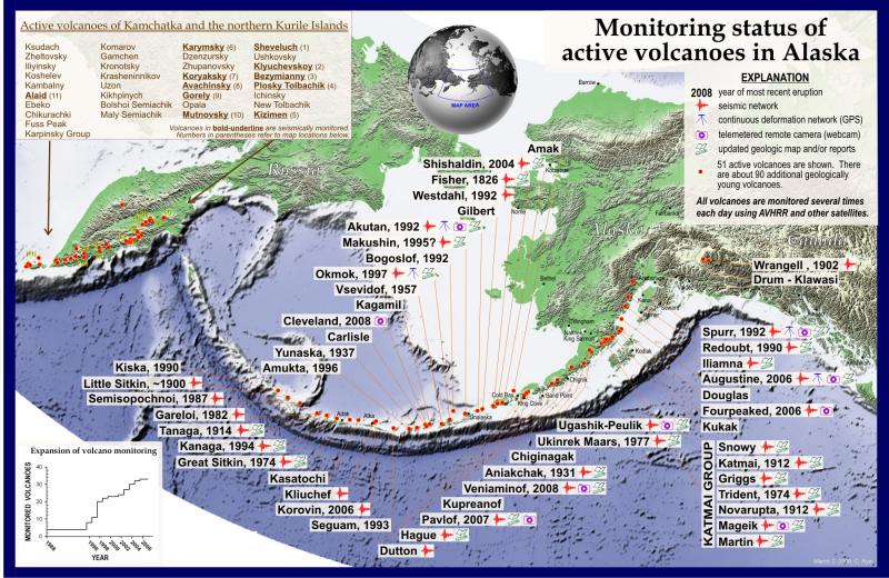 Map showing monitoring status of Alaska volcanoes (current as of spring 2008). This map is published in: Schaefer, J.R., and Nye, Chris, 2008, The Alaska Volcano Observatory - 20 years of volcano research, monitoring, and eruption response: Alaska Division of Geological & Geophysical Surveys, Alaska GeoSurvey News, NL 2008-001, v. 11, n. 1, p. 1-9, available at http://wwwdggs.dnr.state.ak.us/pubs/pubs?reqtype=citation&ID=16061 .