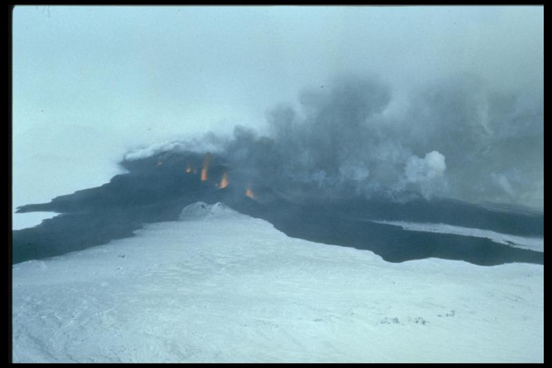 Seguam/Pyre Peak in eruption in 1977. Lava fountaining from basaltic fissure eruptions such as these is fairly rare in the Aleutians. 