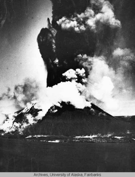 Cone A of Okmok Volcano, on Umnak Island, erupts ash and steam in 1945.
This photograph is from the San Francisco Call-Bulletin, Aleutian Islands Photographs, 1942-1948 Collection, accession number UAF-1970-11-91, Archives, Alaska and Polar Regions Collections, Rasmuson Library, University of Alaska Fairbanks. This photograph is also available at http://vilda.alaska.edu/u?/cdmg11,2513 .