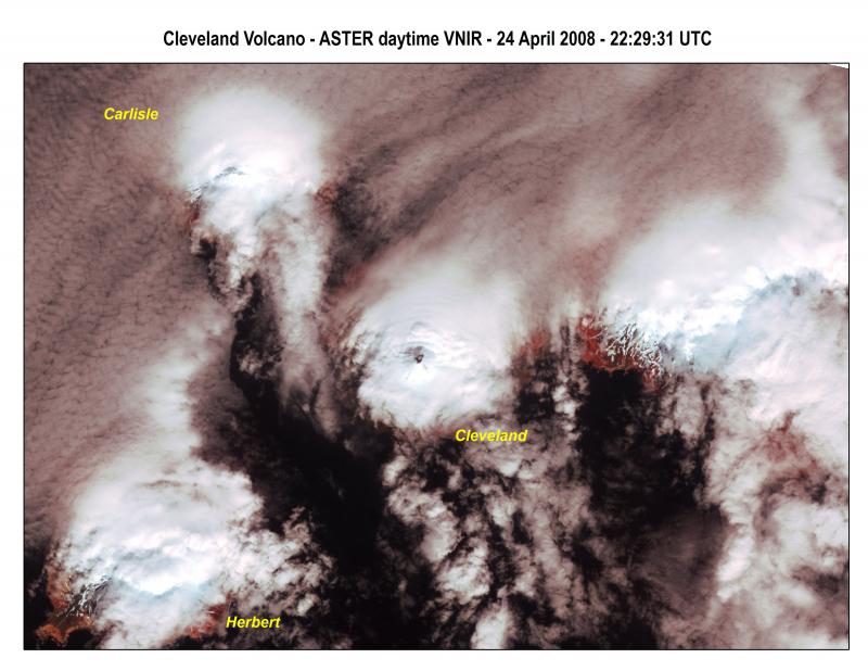 ASTER daytime visible and thermal infrared (TIR) data acquired at 22:29 UTC ( 2:29 PM AKDT) on April 24, 2008 showing continuing volcanic activity at Cleveland Volcano. The summit area in the 15m visible image shows a darkened area above the snowline that corresponds to higher temperatures observed in the 90m ASTER TIR image (see <a href="http://www.avo.alaska.edu/image.php?id=14231">http://www.avo.alaska.edu/image.php?id=14231</a> ).  The TIR data indicate a maximum pixel-integrated brightness temperature of 30.2C in a 0C background at the Cleveland volcano summit.  