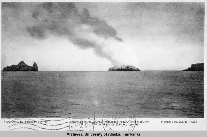 From left, Castle Rock (Old Bogoslof), Perry Island (Metcalf Cone), and Fire Island. Metcalf Cone was destroyed in early 1907. This photograph is from the Albert Johnson Photograph Collection, accession number UAF-1998-166-1077-postcard, Archives, Alaska and Polar Regions Collections, Rasmuson Library, University of Alaska Fairbanks. This photograph is also available at http://vilda.alaska.edu/u?/cdmg11,7874 .