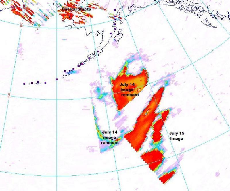 OMI composite image from NOAA showing the extent of the sulfur dioxide gas cloud from the eruption of Okmok Volcano imaged at about 12:17PM AKDT on July 15, 2008. The large red mass is from the main explosive phase on 12 July, 2008. The image also shows a small sulfur dioxide plume extending east of the volcano at the time of the image.  Since this is an experimental, auto-generated mosaic, this composite image mistakenly includes portions of the sulfur dioxide cloud imaged on July 14 to the north and west of the red elongated clouds imaged on July 15.